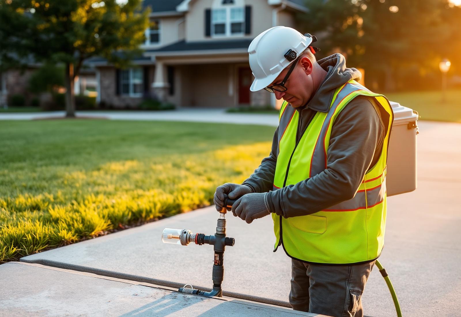 Technician injecting polyurethane foam to lift a sunken concrete driveway in Murfreesboro, Tennessee